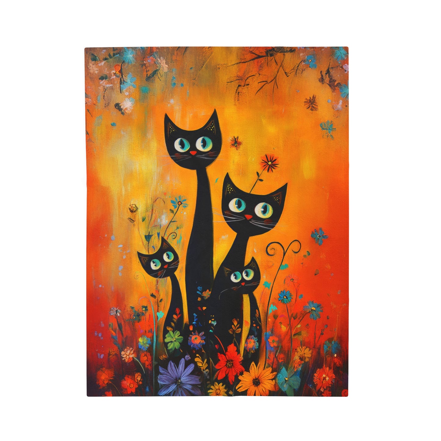 Playful Trio of Black Cats in a Vibrant Flower Garden Velveteen Plush Blanket 3 Sizes