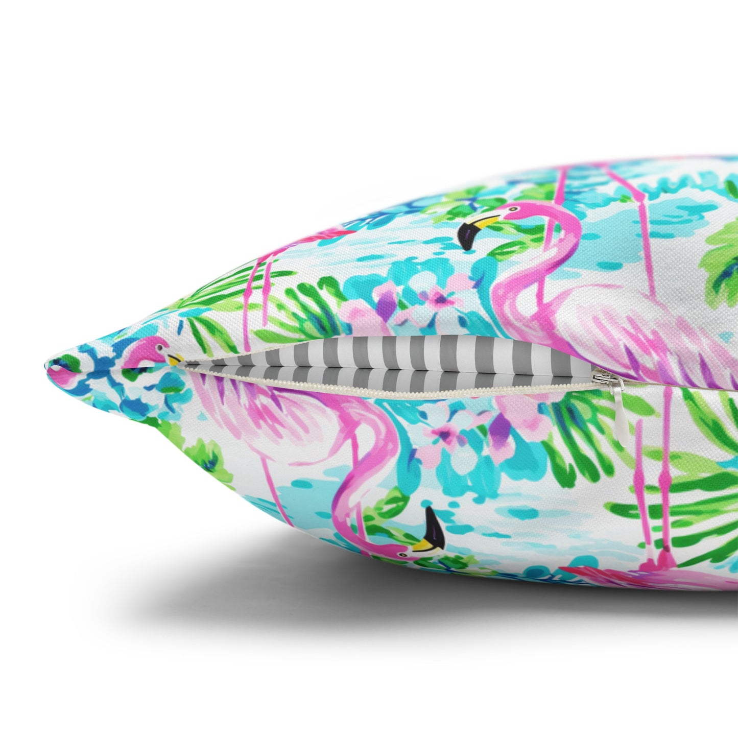 Tropical Flamingo Haven: Surrounded by Flowers and Palm Trees Spun Polyester Square Pillowcase 4 Sizes