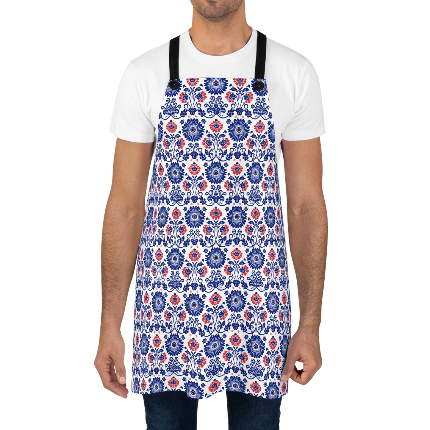 Charming Folk Blooms in Classic Polish Pottery Inspired Floral Pattern in Blue and Red Kitchen Chef Apron