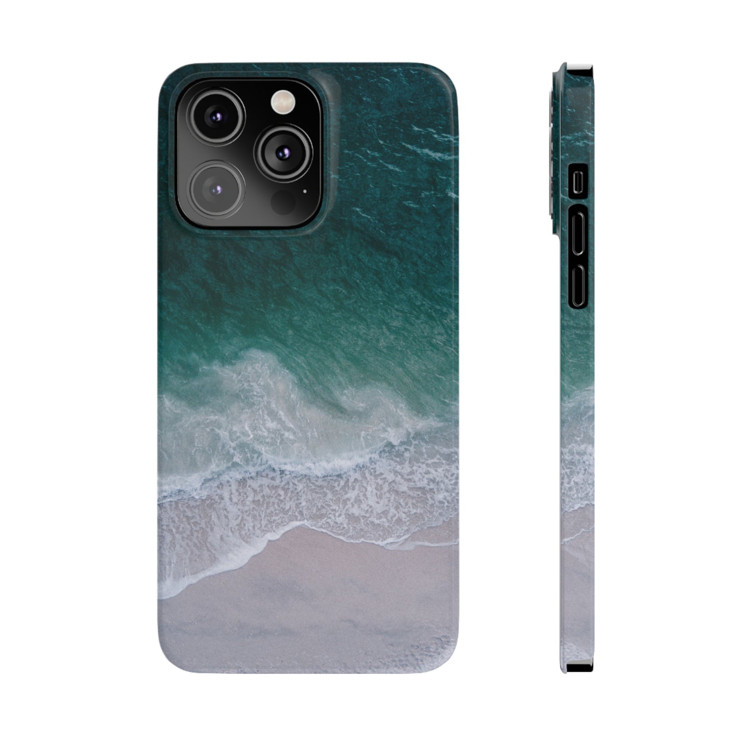 Ocean's Embrace: Deep Green Waters with White Waves Crashing onto the Beach Design Iphone 15-12 Slim Phone Case