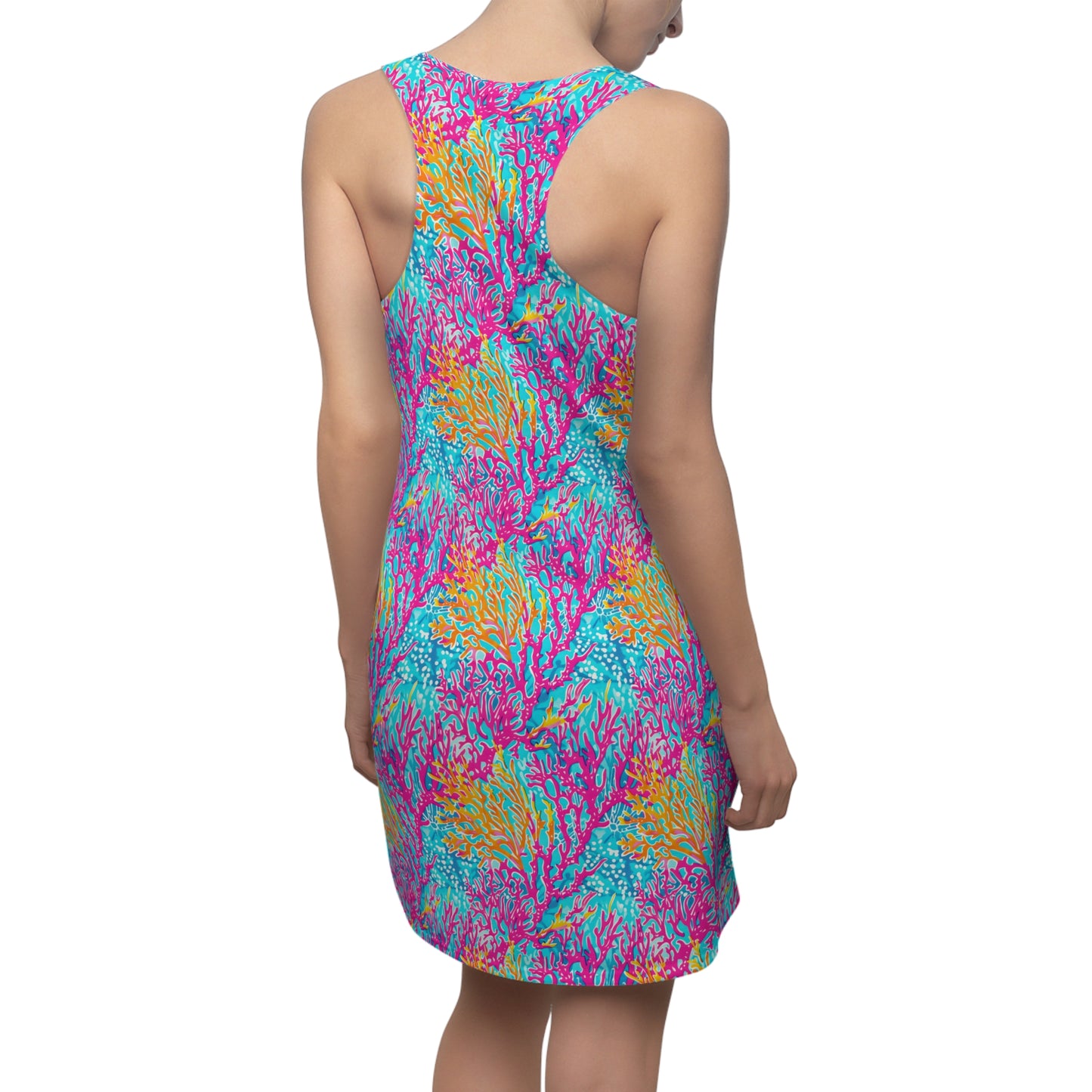 Coral Symphony: Bright Pink, Yellow, and Coral Dancing in the Blue Ocean Women's Racerback Dress XS - 2XL