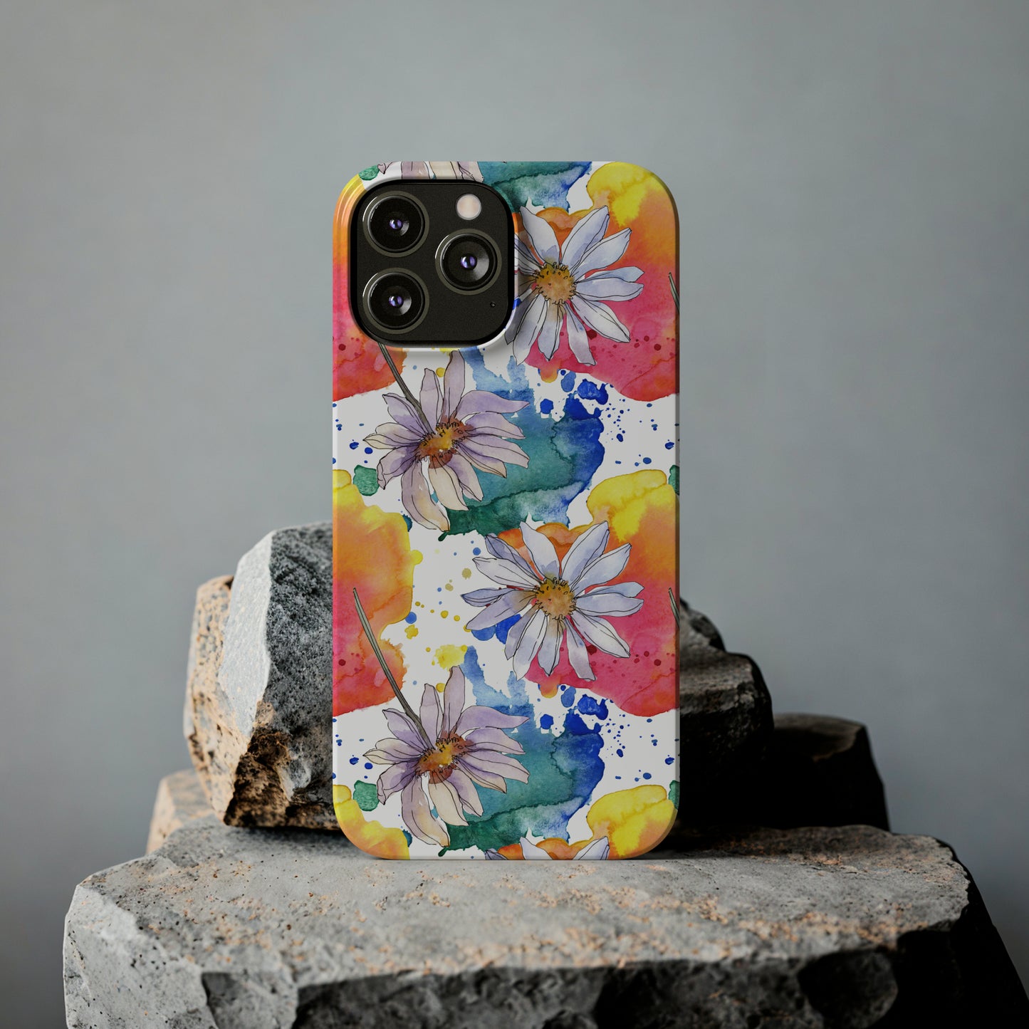 Large Colorful Watercolor Daisy Design Iphone 15-12 Slim Phone Case