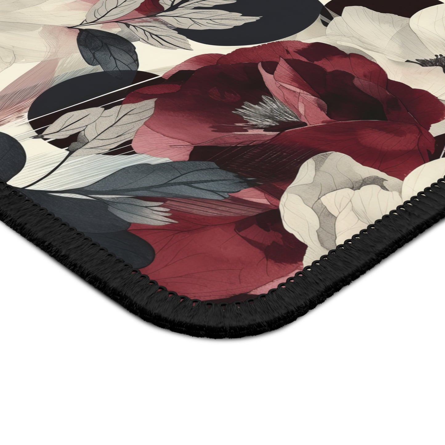 Elegant Vintage Floral Blooms in Wine, Cream and Charcoal Print Gaming Mouse Pad with Finished Edges