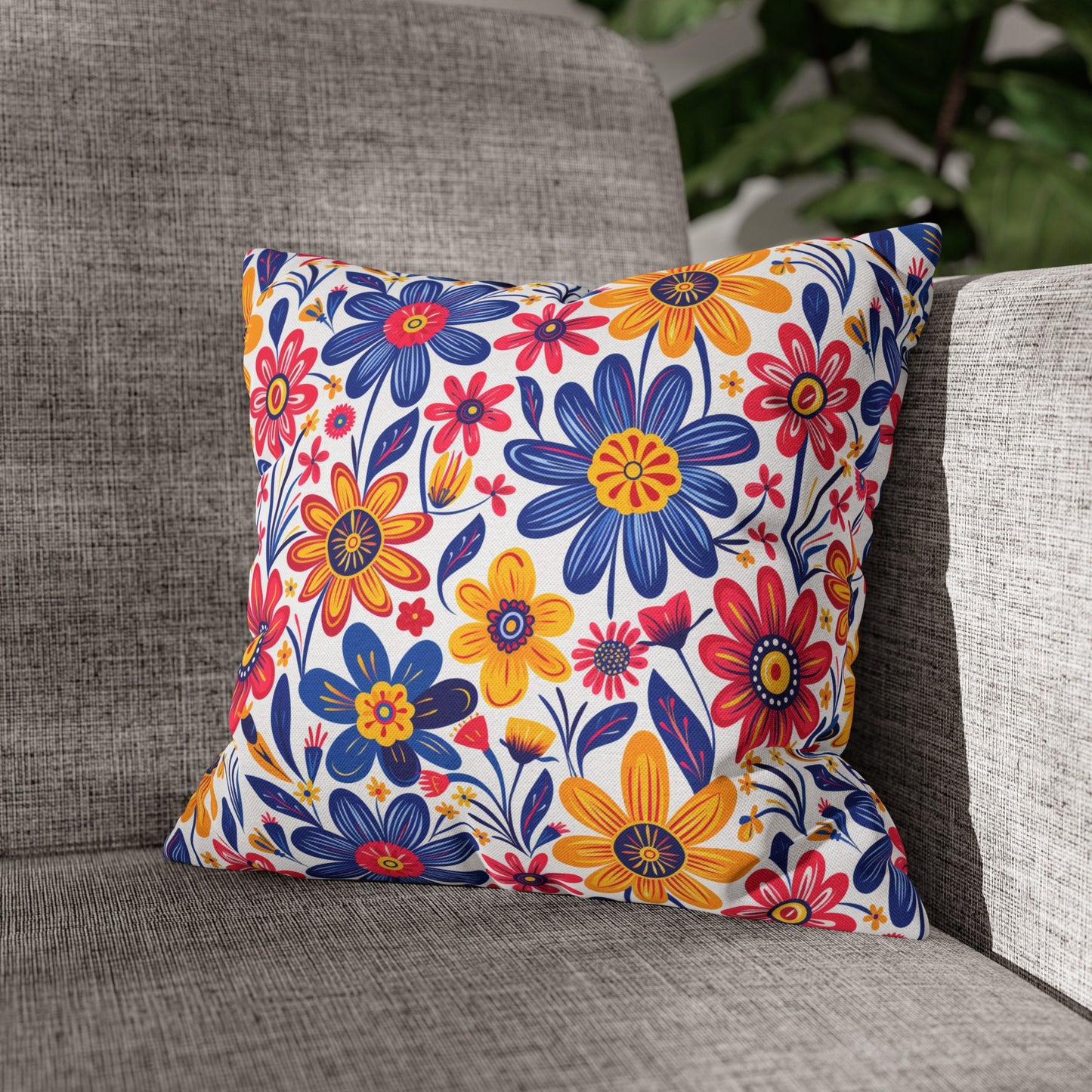 Vivid Blossom Bouquet: Large Hand-Drawn Spring Flowers Bursting with Vibrant Colors Spun Polyester Square Pillowcase 4 Sizes