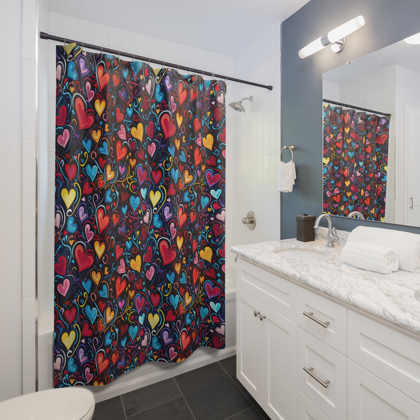 Whimsical Colorful Heart Design Bathroom Shower Curtain   71" × 74"