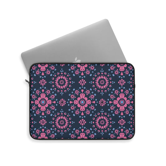 Midnight Garden in Pink and Blue Floral Mandala Pattern on Navy Laptop or Ipad Protective Sleeve 3 Sizes Available