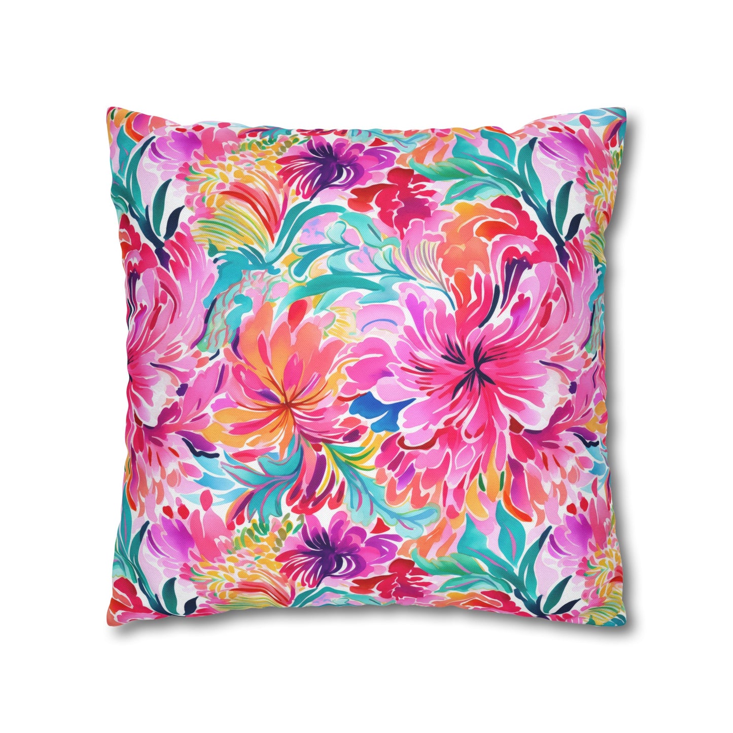 Rainbow Tropics: Watercolor Flowers in Vibrant Pink, Green and Orange Hues Spun Polyester Square Pillowcase 4 Sizes