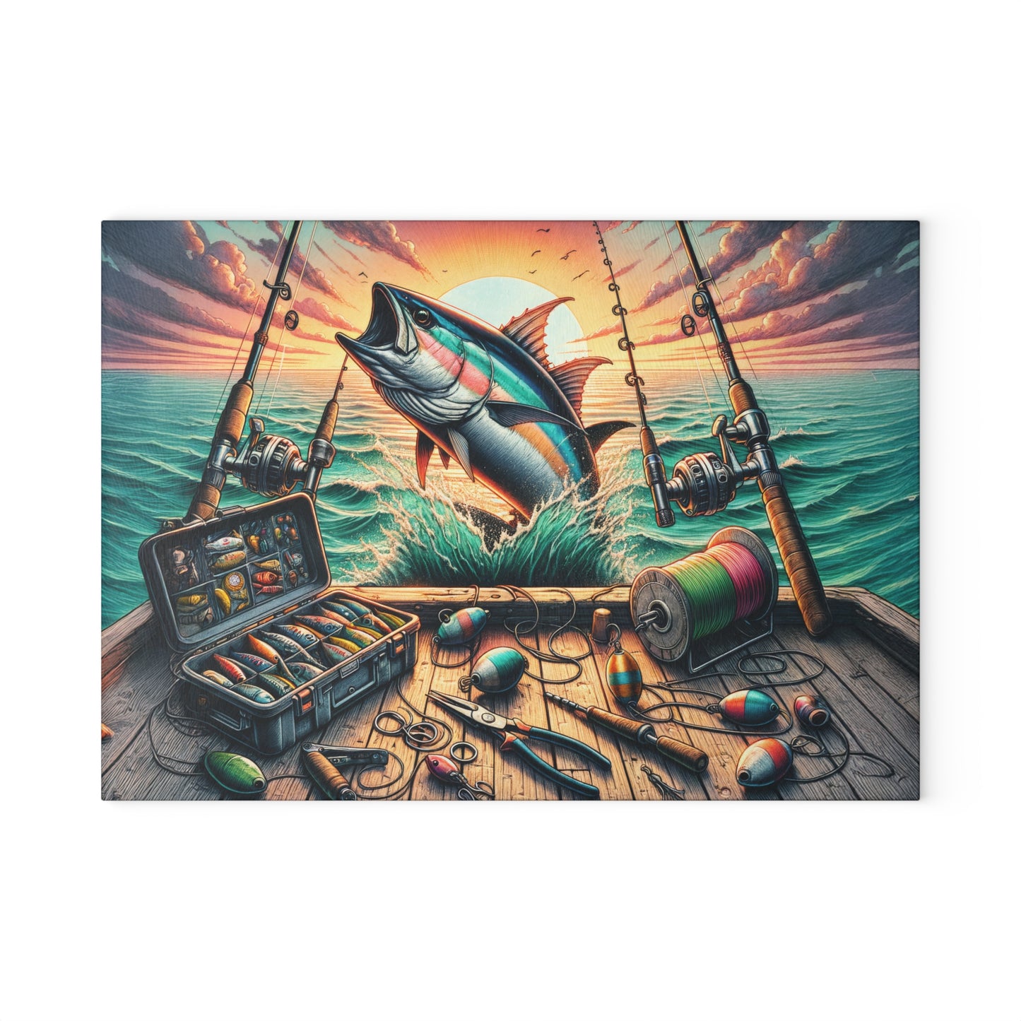 Fishing Life, Sports Fishing Glass Cutting Board, Charcuterie Serving Tray 2 Sizes