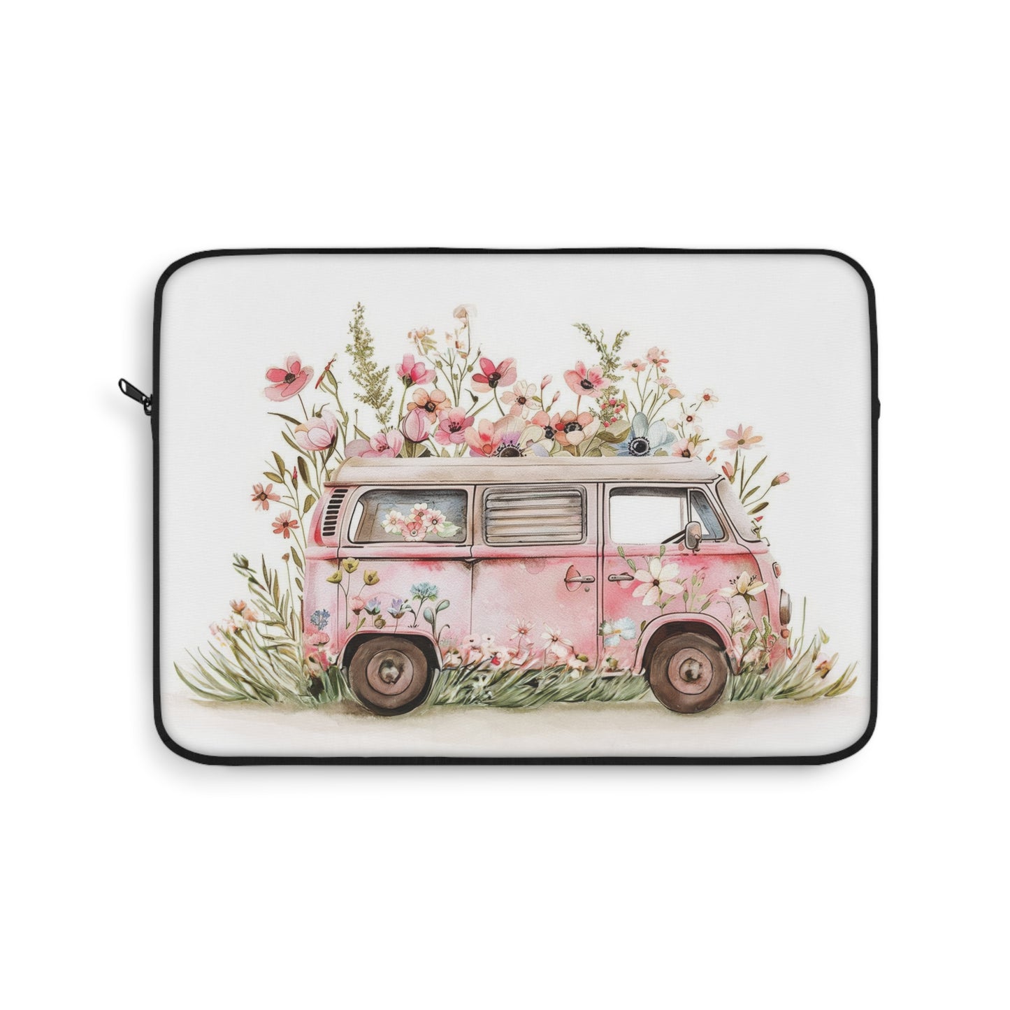 Pastel Petal Cruiser: Light Pink VW Bus Adorned with Pastel Paint Flowers Laptop or Ipad Protective Sleeve 3 Sizes Available