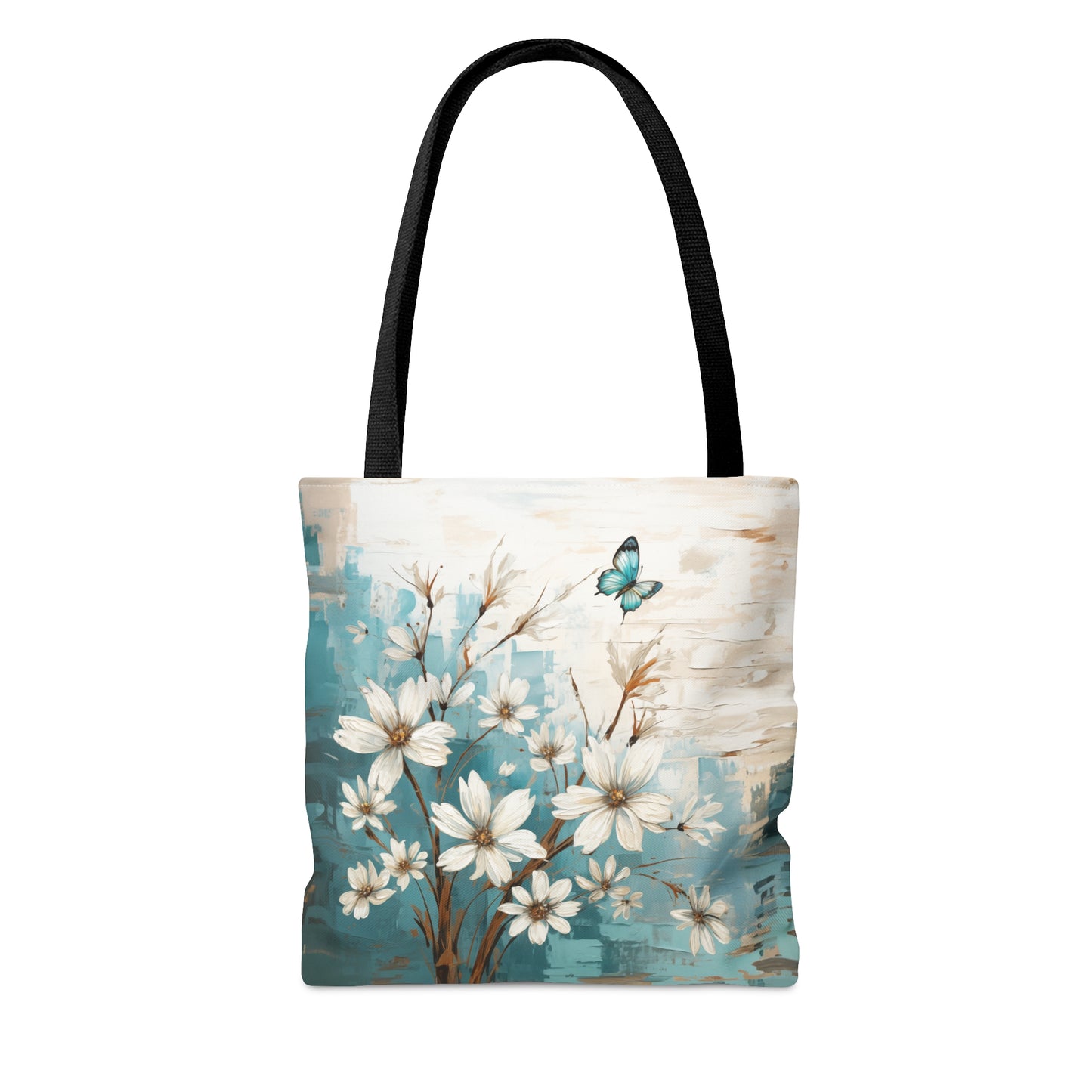 Rustic Farmhouse White and Teal Wild Daisies and Butterflies  - Canvas Tote 3 Sizes