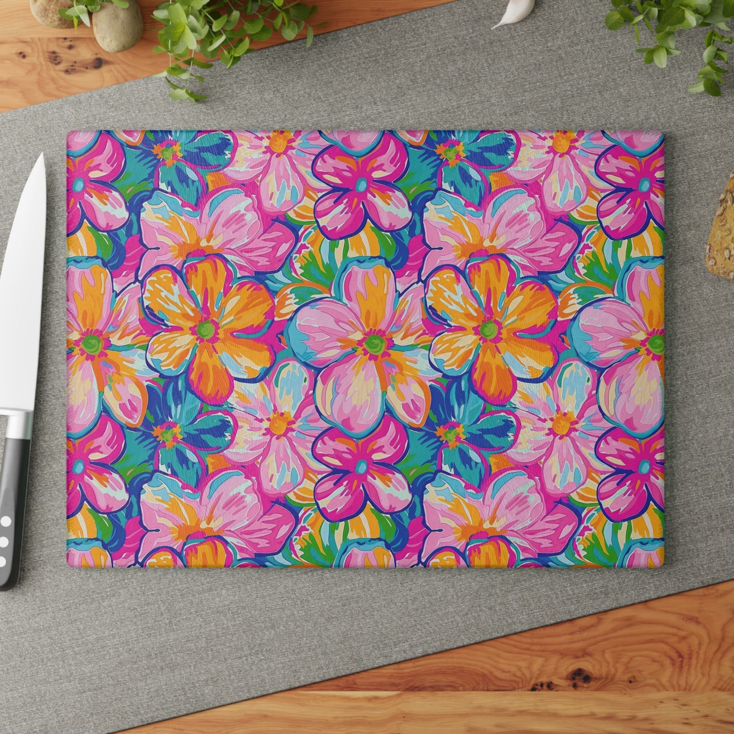 Chromatic Blossoms: Large Watercolor Flowers in Mixed Pinks, Blues, and Oranges Cutting Board 2 Sizes