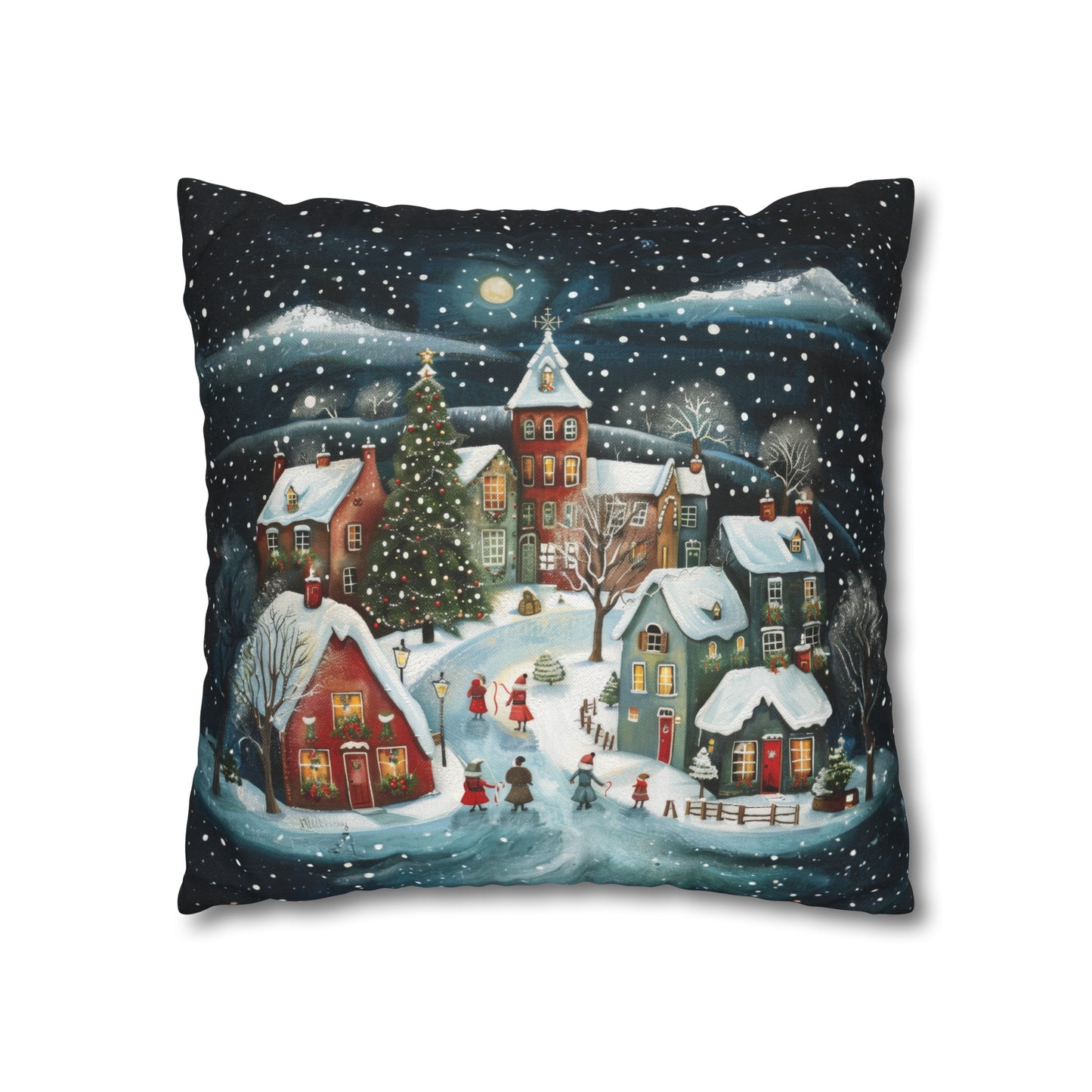 Midnight Magic: Winter Town Aglow with Christmas Decorations and Tree Spun Polyester Square Pillowcase 4 Sizes