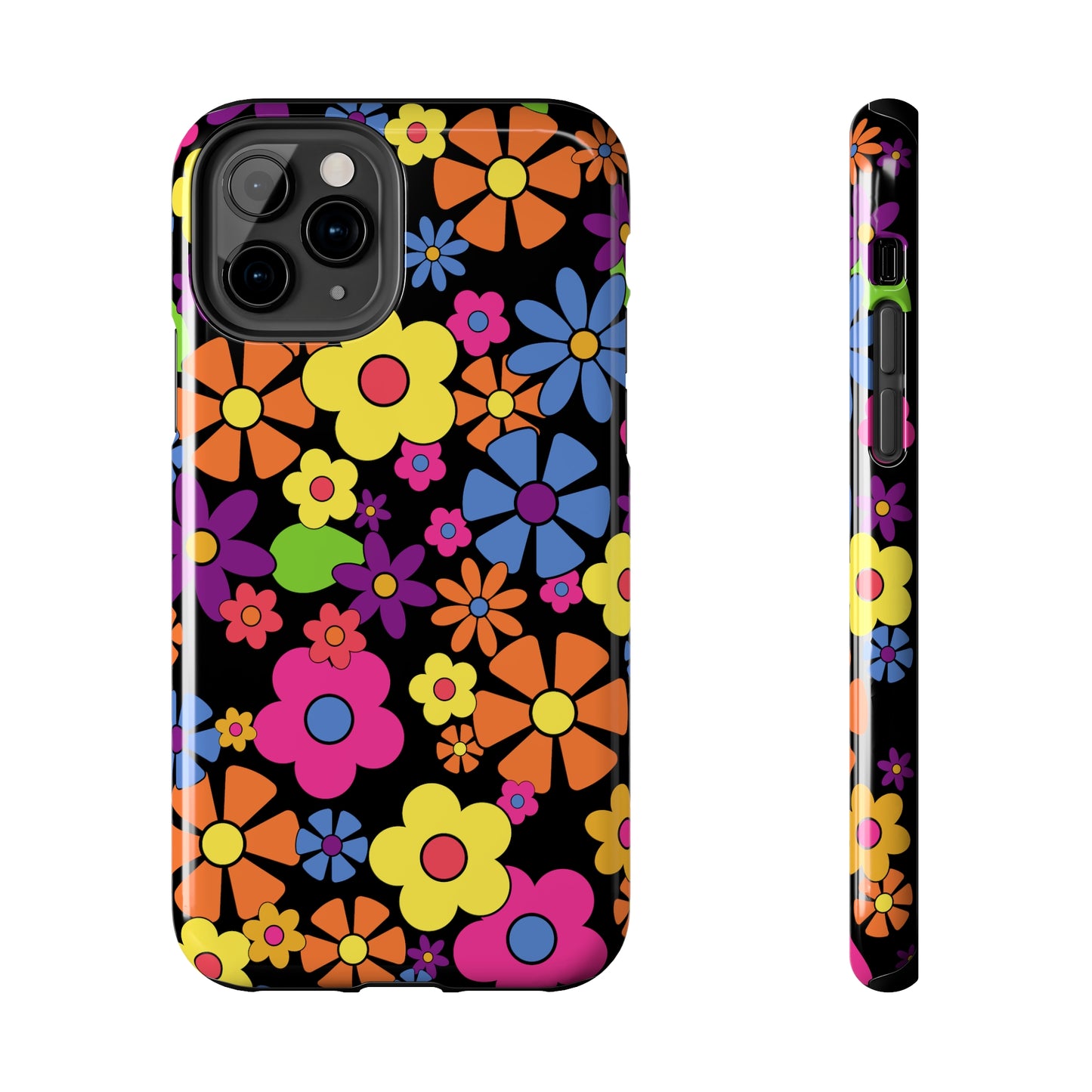 Flower Power Design on Black Background Iphone Tough Phone Case