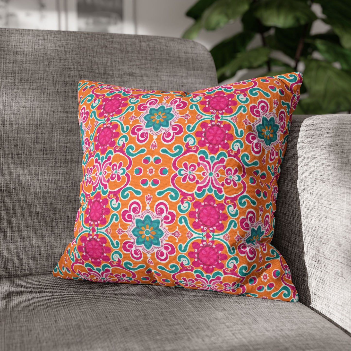 Kaleidoscope of Warm Tangerine, Lush Teal, and Lively Pink Blooms Polyester Square Pillowcase 4 Sizes