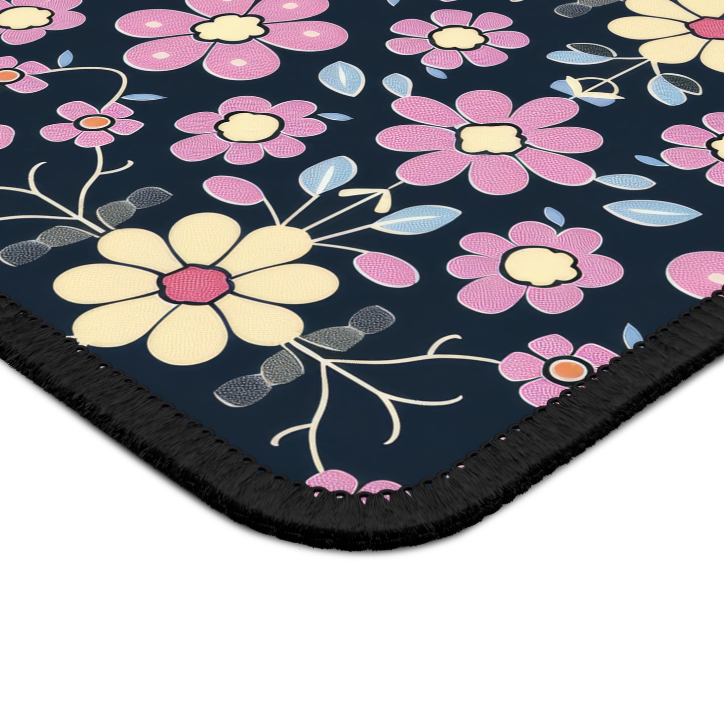 Charming Pastel Pink and Yellow Flowers on Navy Blue Background Gaming Mouse Pad with Finished Edges