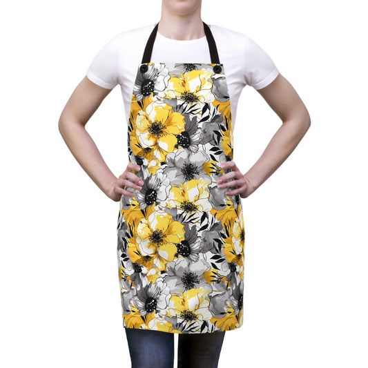 Soothing Radiance: Large Yellow and Grey Watercolor Flower Design - Kitchen Chef Apron