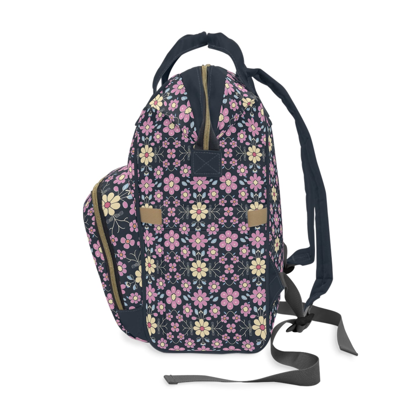 Charming Pastel Pink and Yellow Flowers on Navy Blue Background Multifunctional Diaper Backpack