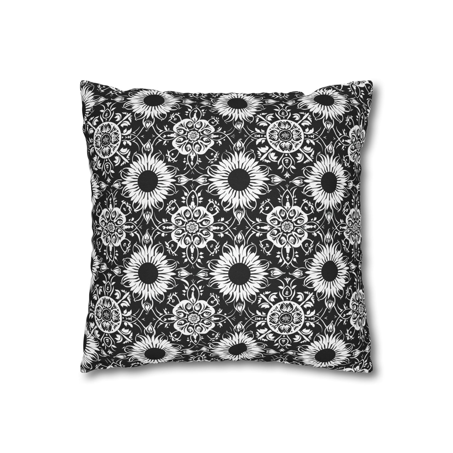 Elegant Mandala Design with Black and White Sunflowers Spun Polyester Square Pillowcase 4 Sizes