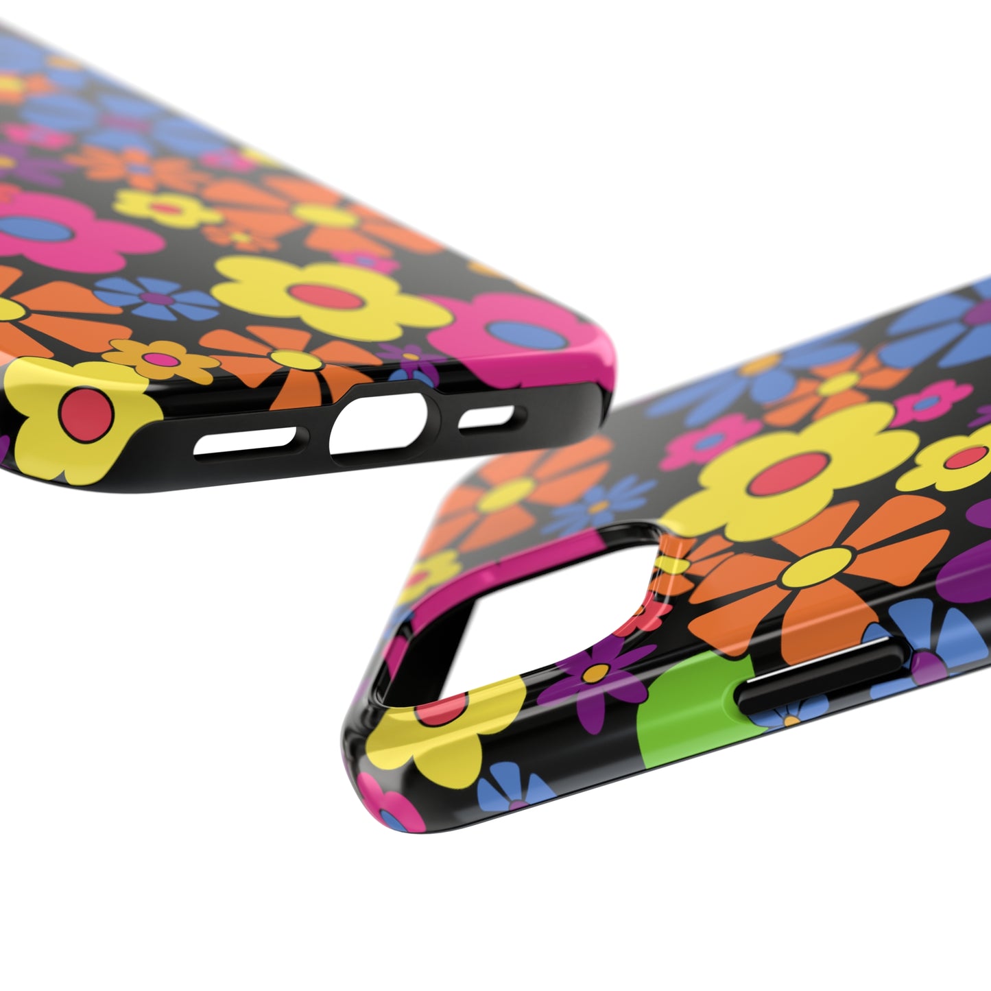 Flower Power Design on Black Background Iphone Tough Phone Case