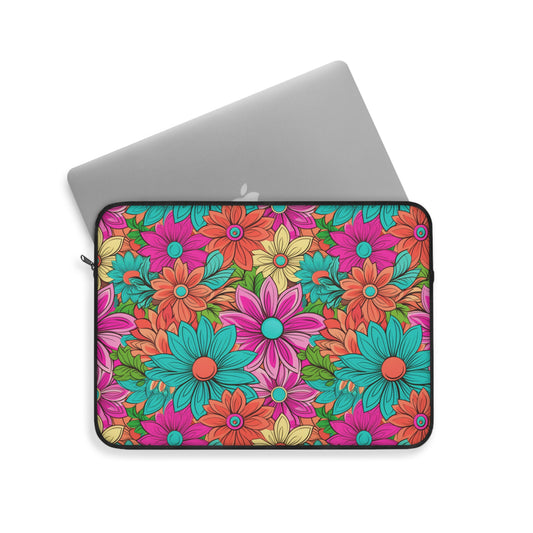 Vibrant Pink Green and Orange Retro Daisy Design - Laptop or Ipad Protective Sleeve 3 Sizes