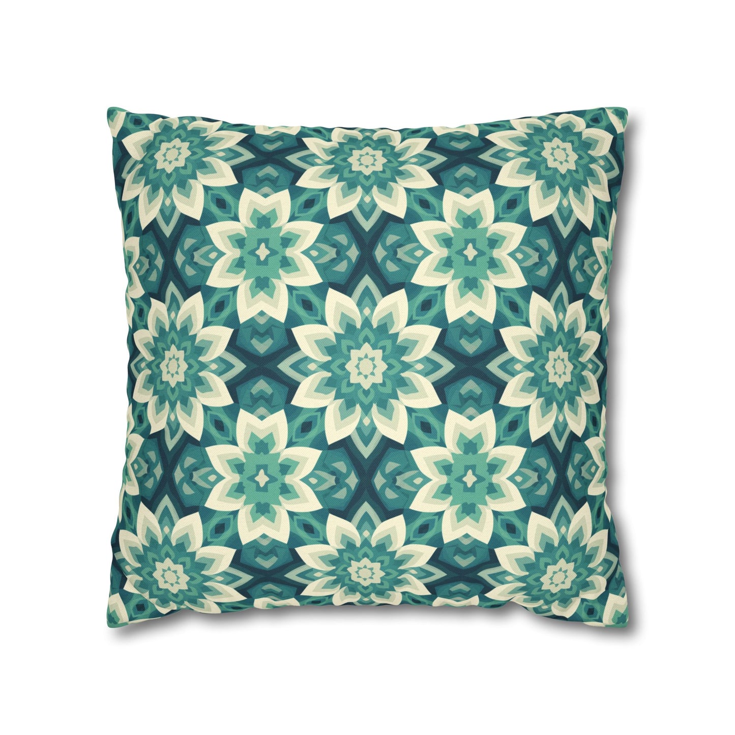 Intricate Aqua and Teal Mandala Floral Pattern Spun Polyester Square Pillowcase 4 Sizes