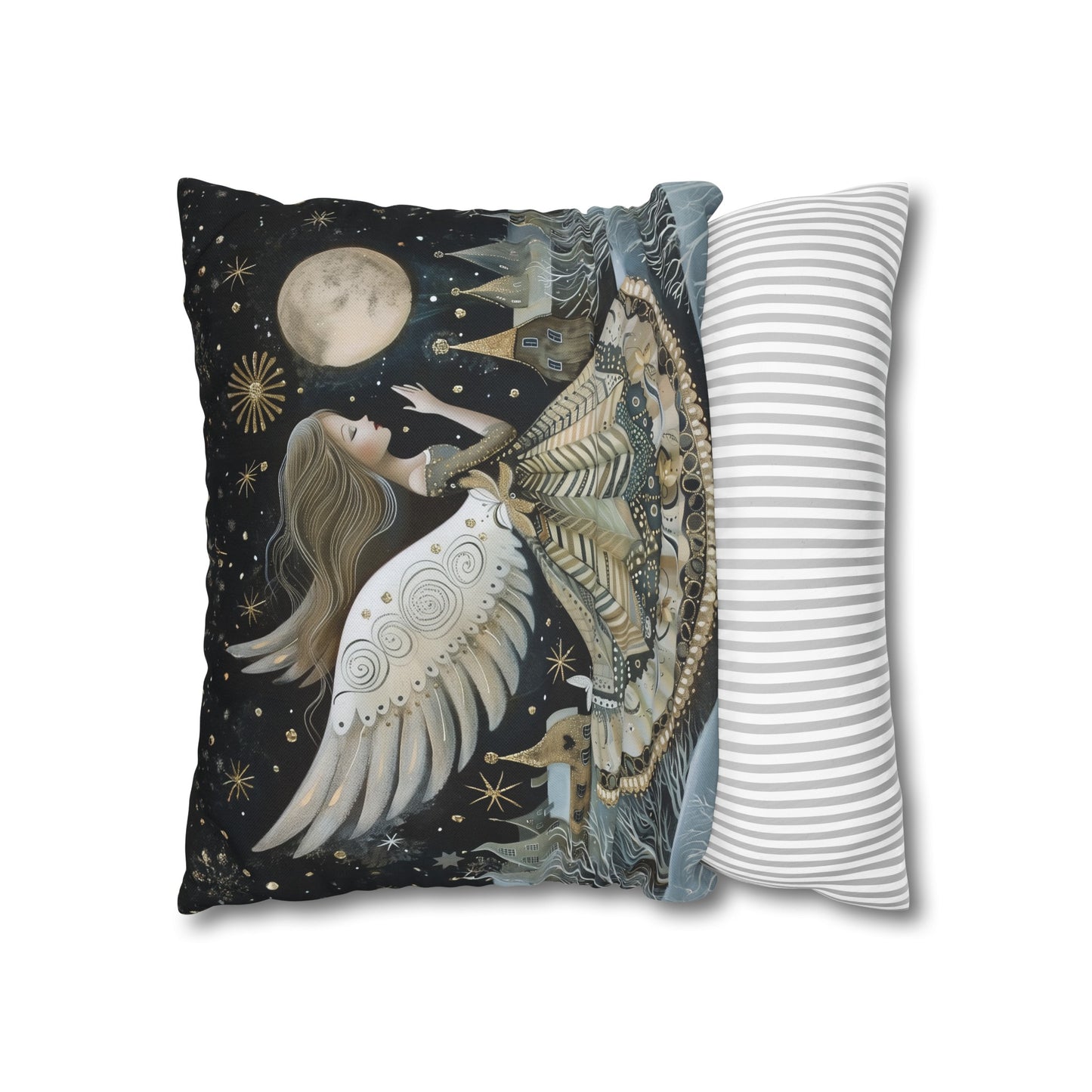 Frosty Angelic Glow: Angel Illuminated by Moonlight on a Snowy Night Spun Polyester Square Pillowcase 4 Sizes