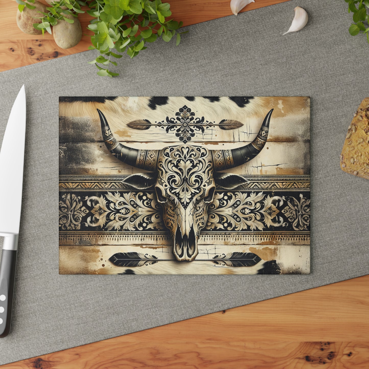 Western Cow Skull Cow Hide Background Glass Cutting Board, Charcuterie Serving Tray 2 Sizes