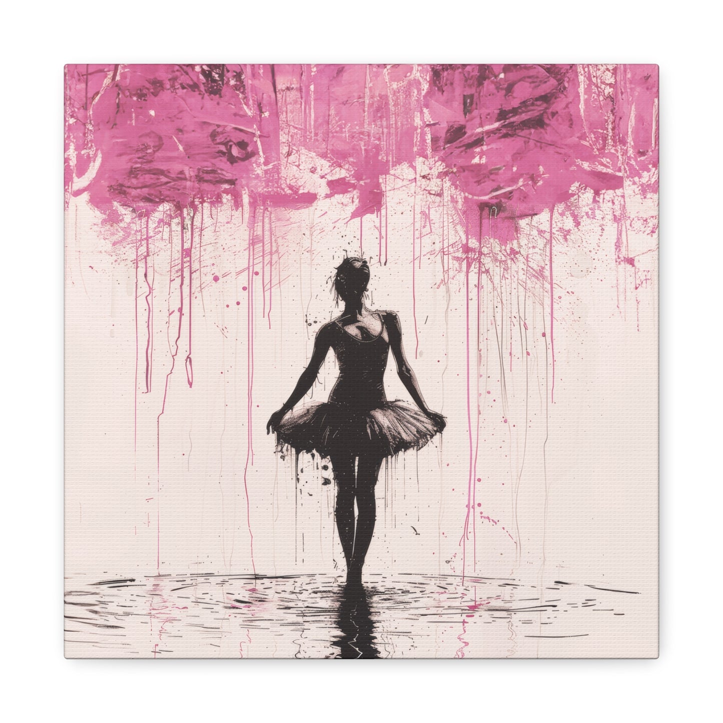 Dreamlike Reverie: Ballerina Dancing Amidst Pink Clouds and Gentle Rain Print on Canvas Gallery - 13 Sizes