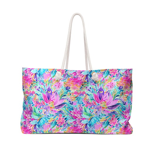 Tropical Prism: Rainbow Watercolor Flowers in Full Bloom Oversized Weekender Bag