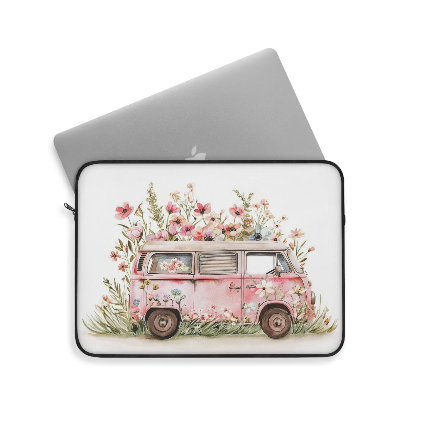 Pastel Petal Cruiser: Light Pink VW Bus Adorned with Pastel Paint Flowers Laptop or Ipad Protective Sleeve 3 Sizes Available