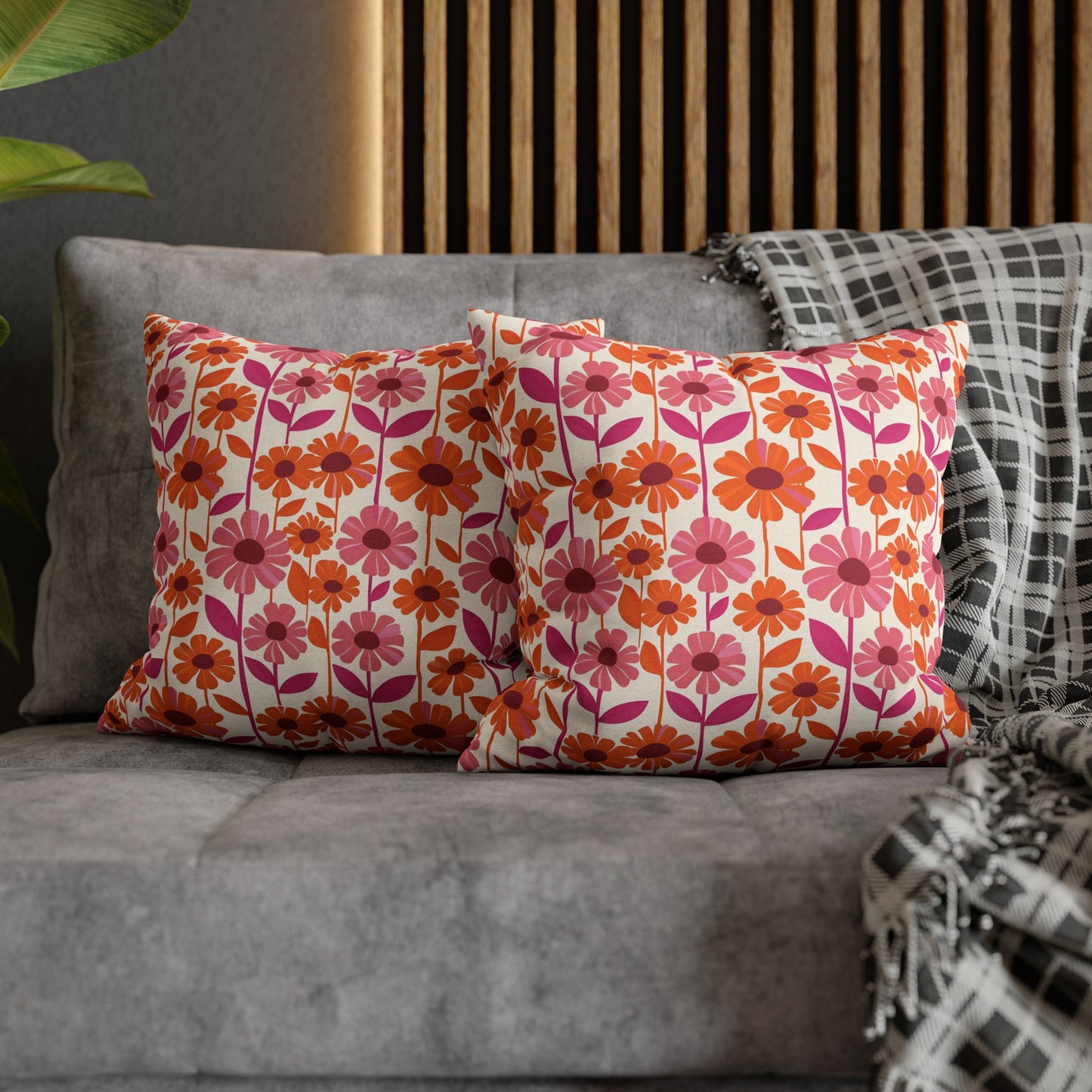 Retro Floral Bliss with Bold Pink and Orange Flower Design Spun Polyester Square Pillowcase 4 Sizes