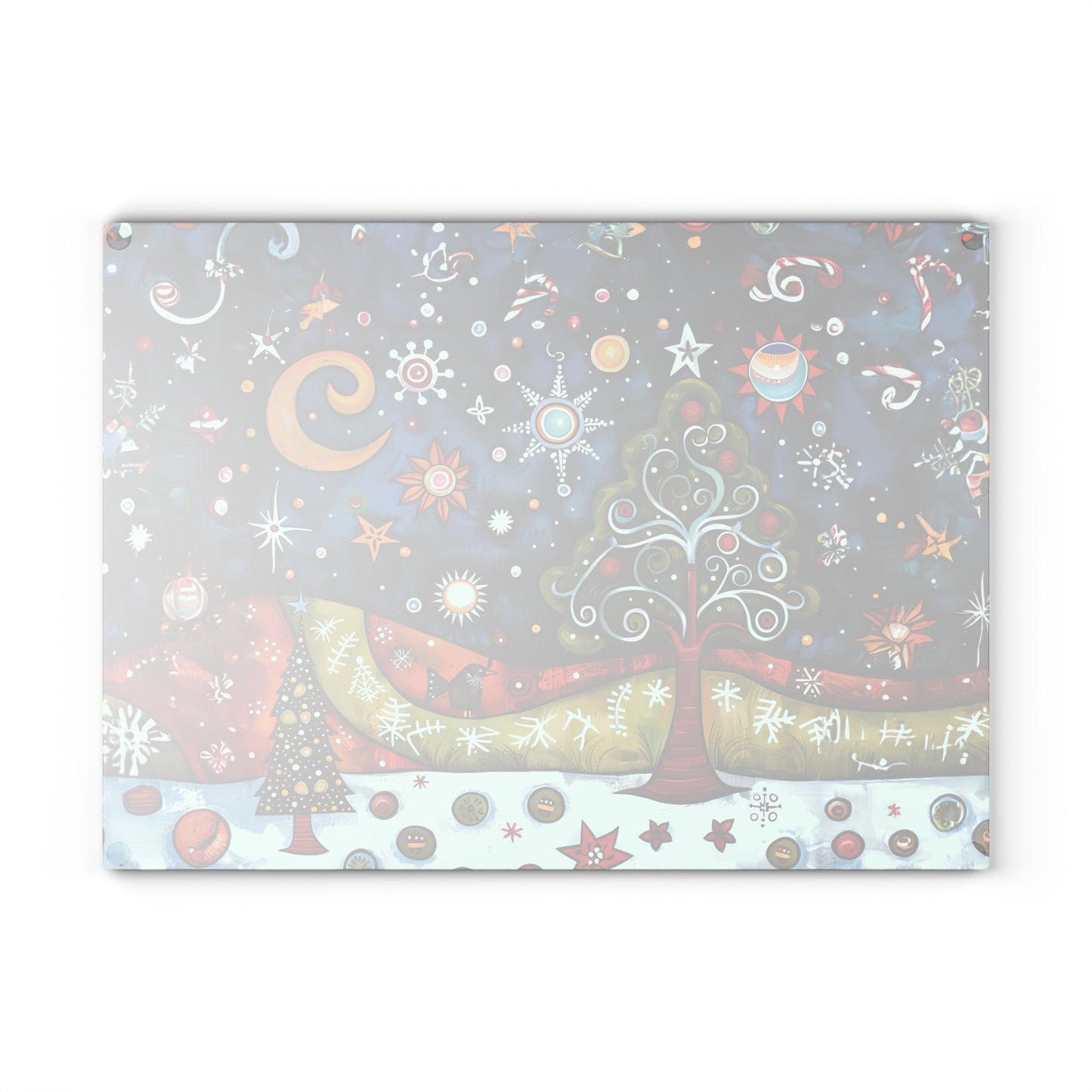 Whimsical Winter Village: Abstract Folk Art Christmas Scene Glass Cutting Board 2 Sizes