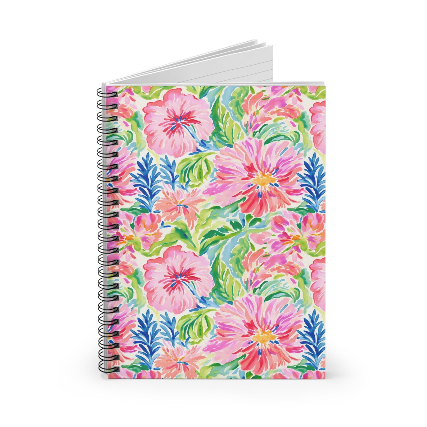 Pastel Oasis: Watercolor Hibiscus Flowers and Palms in Soft Hues Spiral Ruled Line Notebook