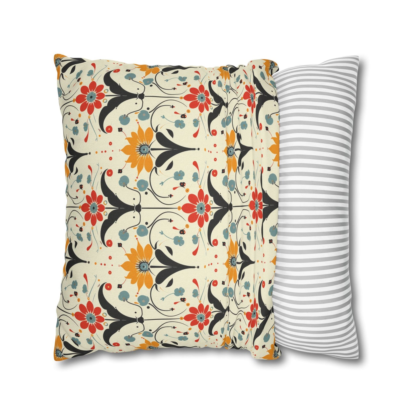 Whimsical Retro Garden in Muted Yellow, Red and Blues Spun Polyester Square Pillowcase 4 Sizes