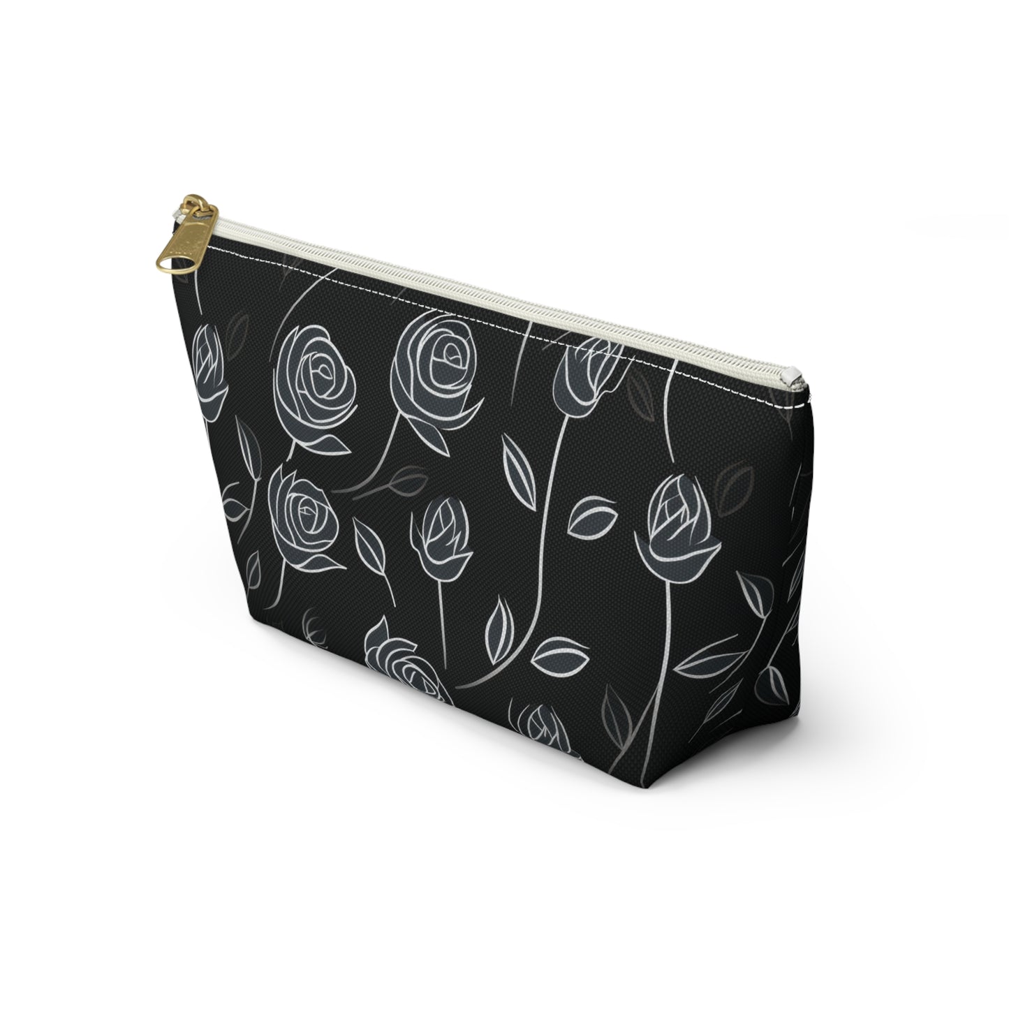 Contrasting Elegance: White Outlined Roses on a Black Background  - Makeup & Accessory Bag 2 Sizes