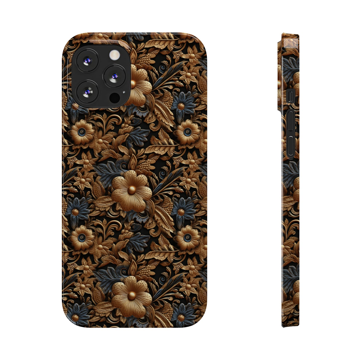 Tooled Leather Gold Flowers with Blue Leaves Accent Print Design Iphone 15-12 Slim Phone Case