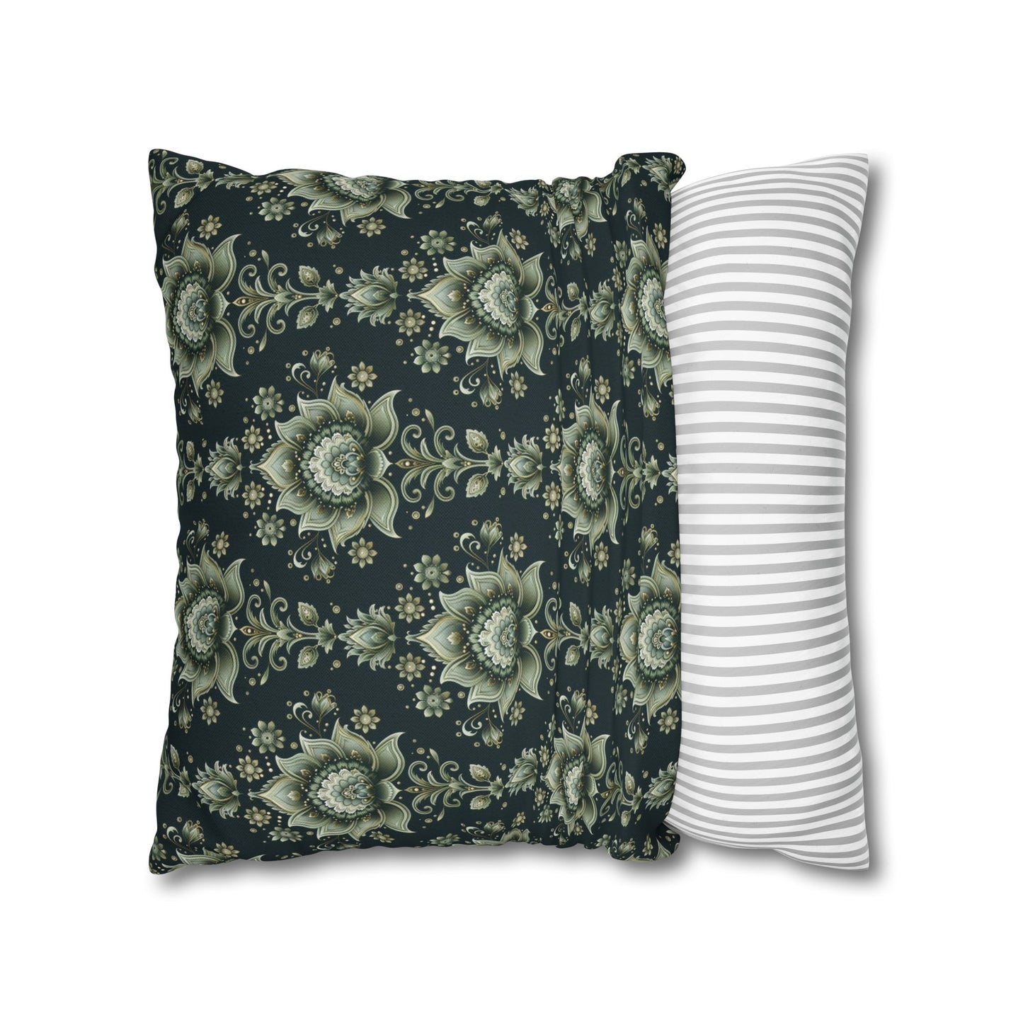 Ornate Green Mandala with Golden Accents on Dark Background Polyester Square Pillowcase 4 Sizes