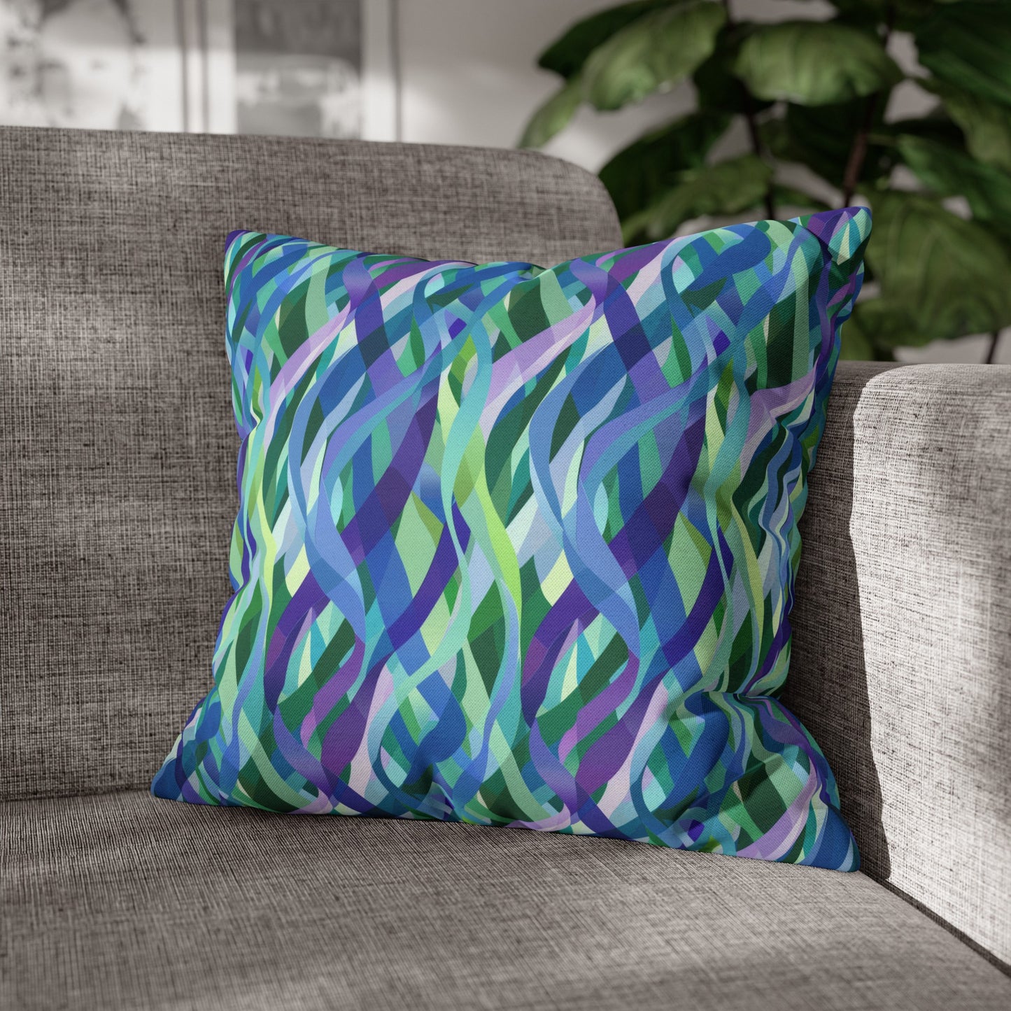 Vibrant Purple Blue and Green Ribbons Spun Polyester Square Pillowcase 4 Sizes