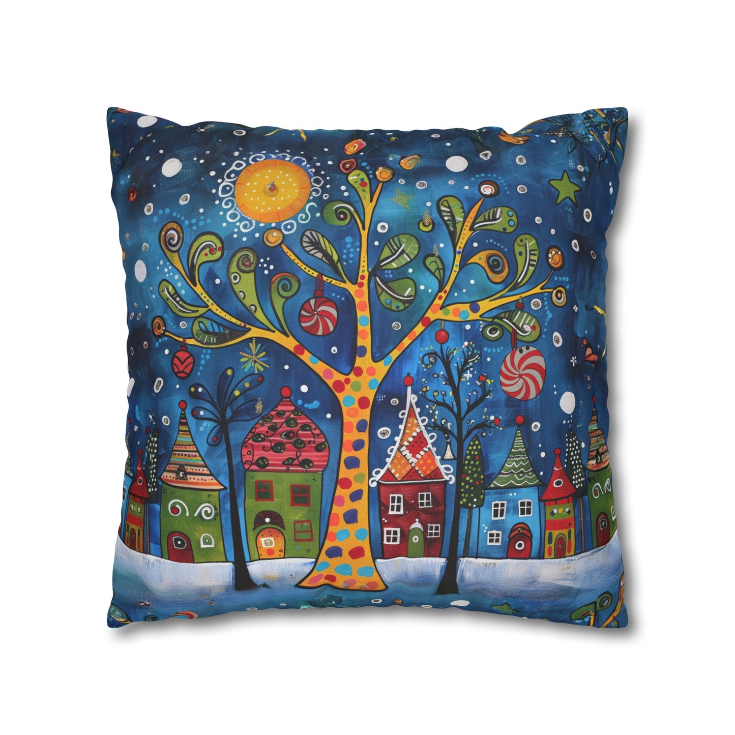 Winter Village Abstract Folk Art Christmas Scene Spun Polyester Square Pillowcase 4 Sizes