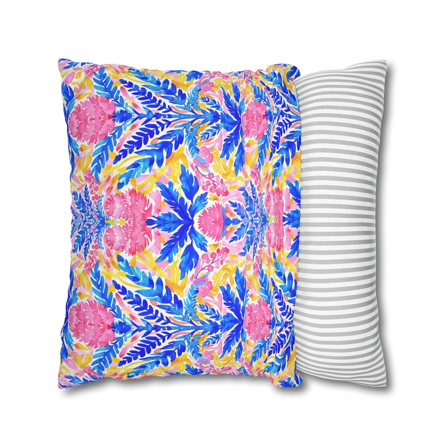 Tropical Watercolor Blooms in Vibrant Pinks and Blues Spun Polyester Square Pillowcase 4 Sizes