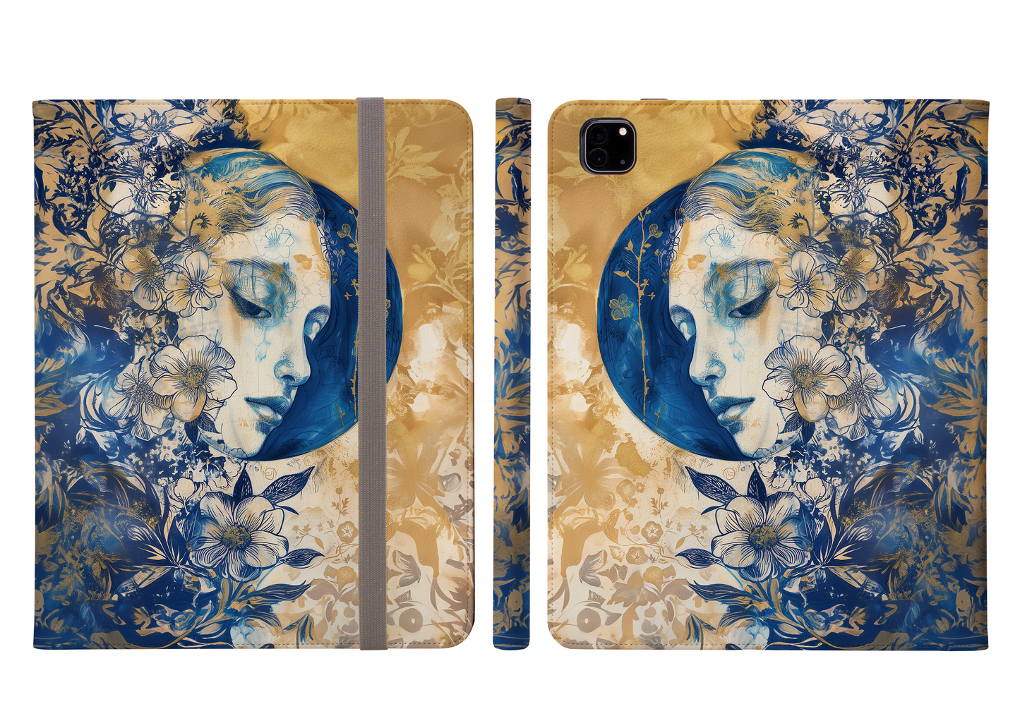 Moonlit Reverie: Vintage Scene of a Woman Amidst a Blue Floral Garden, Gazing at the Moon Protective iPad Pro 11 & Pro 12.9 Protective Case and Pencil Holder