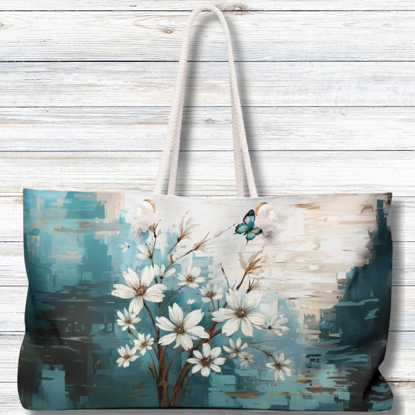 Rustic Farmhouse White and Teal Wild Daisies and Butterflies - Weekender Oversized Canvas Tote Bag 24" × 13"