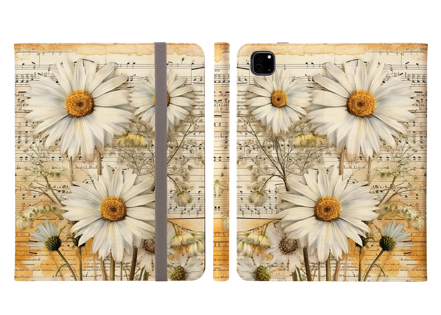 Timeless Harmony Vintage White Daisies Resting on Sheet Music Protective iPad Pro 11 & Pro 12.9 Protective Case and Pencil Holder