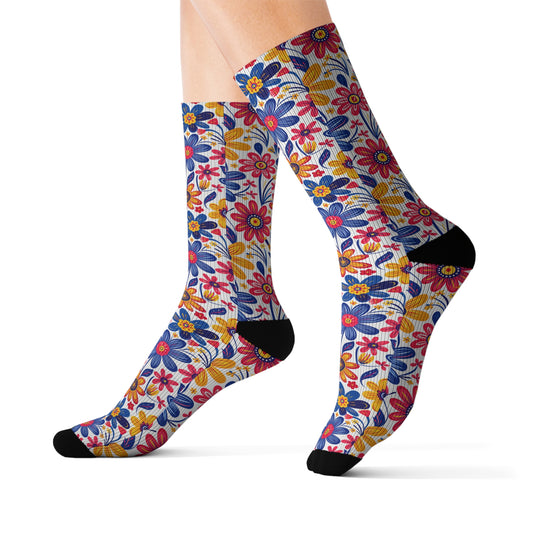 Vivid Blossom Bouquet: Large Hand-Drawn Spring Flowers Bursting with Vibrant Colors Ribbed Crew Socks