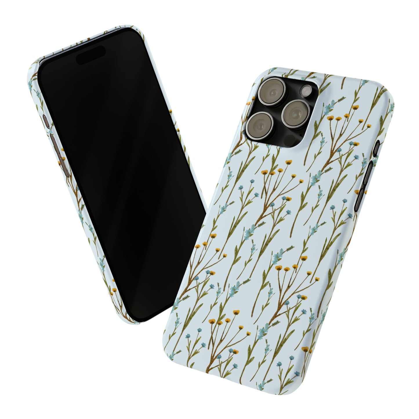 Delicate Blue and Yellow Wildflowers on a Light Blue Background Design Iphone 15-12 Slim Phone Case