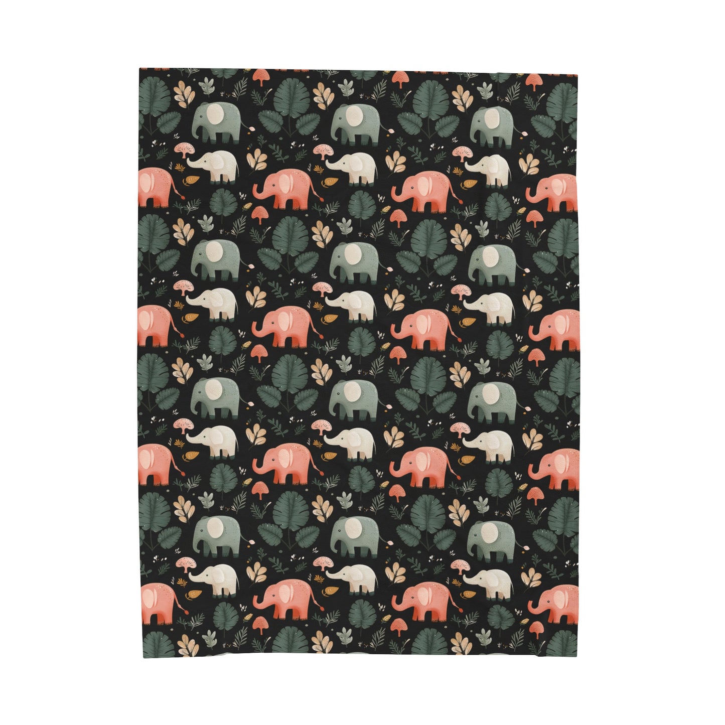 Whimsical Elephant Parade Cute Jungle Animal Art Print with Tropical Foliage on Black Velveteen Plush Blanket 3 Sizes