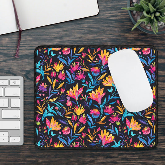 Vibrant Floral Fantasy in Midnight Garden Gaming Mouse Pad with Finished Edges