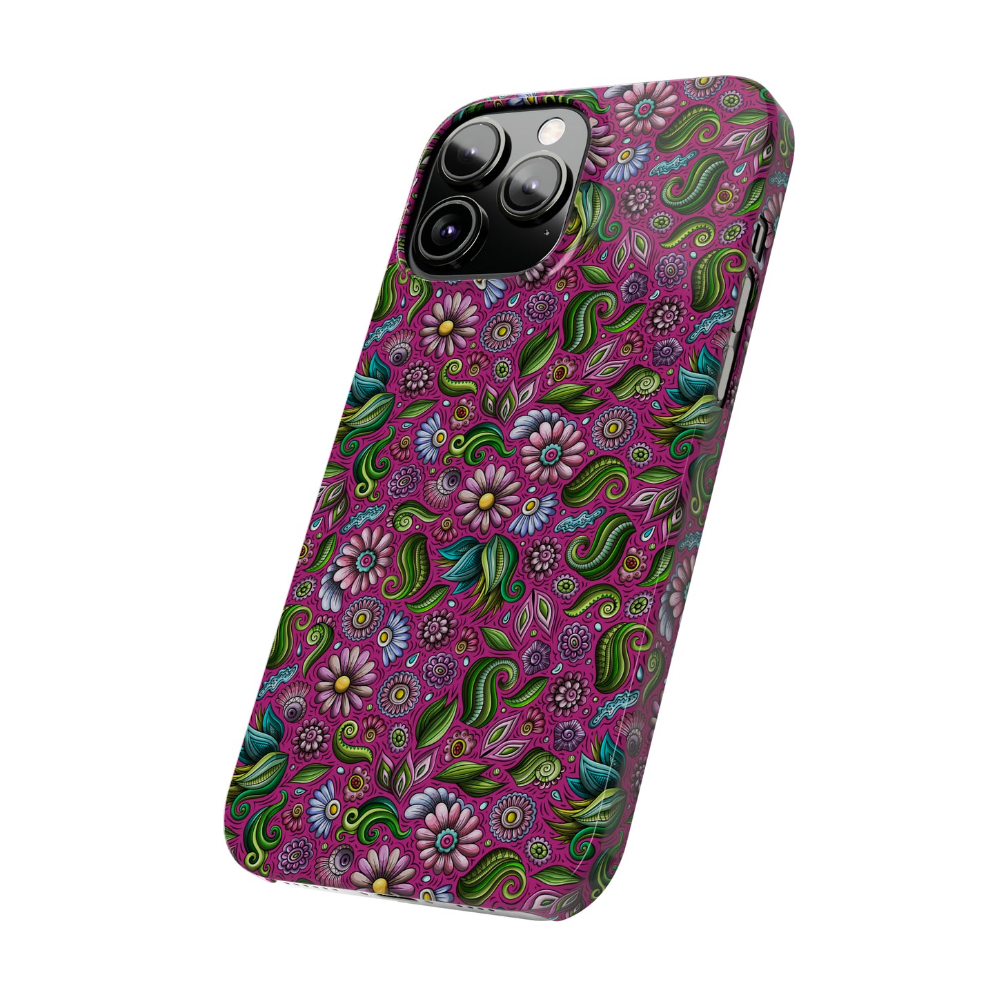 Purple & Pink Daisy Floral Print Hot Pink Background Iphone 15-12 Slim Phone Case