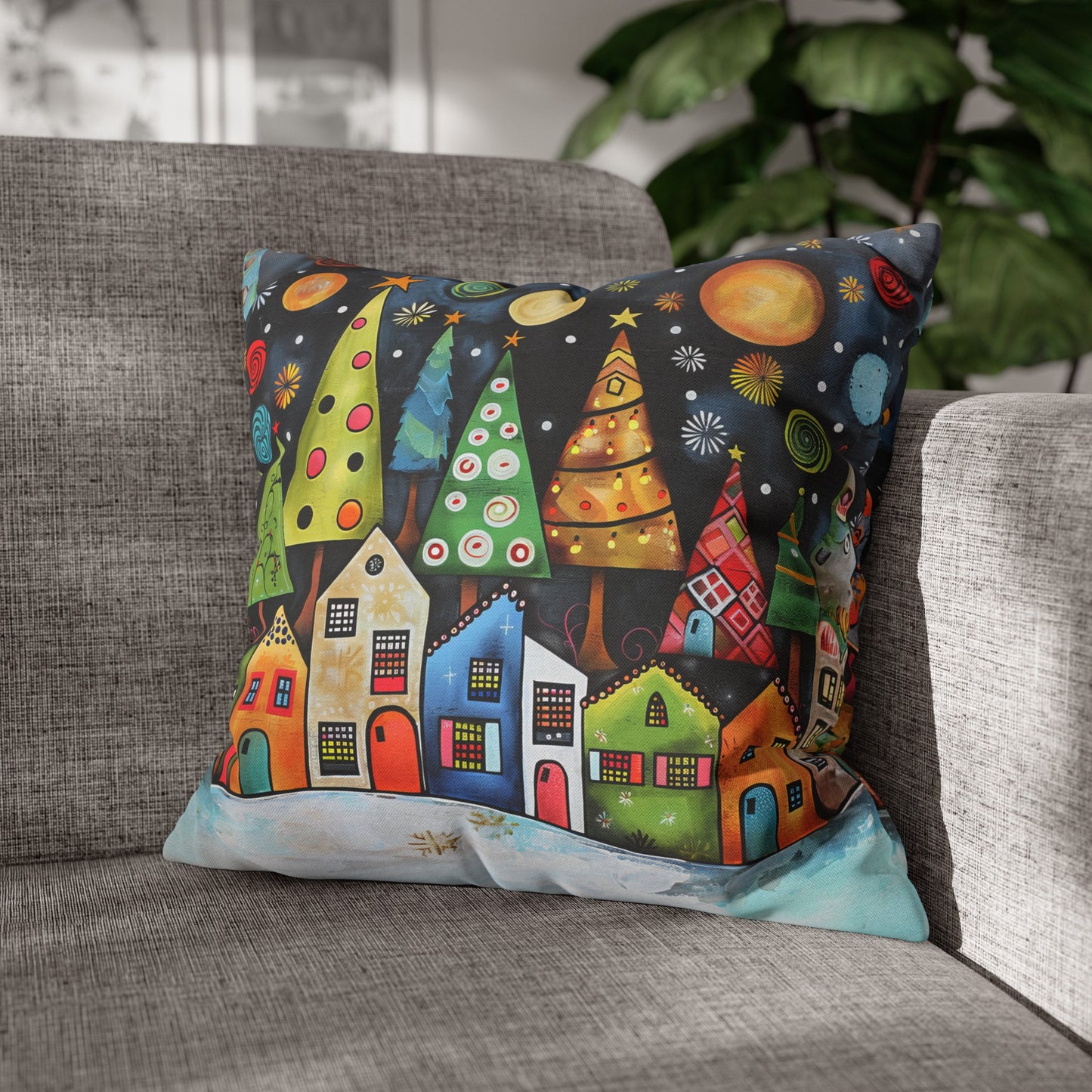 Holiday Haven: Abstract Folk Art Christmas Village Adorned with Christmas Trees Scene Spun Polyester Square Pillowcase 4 Sizes