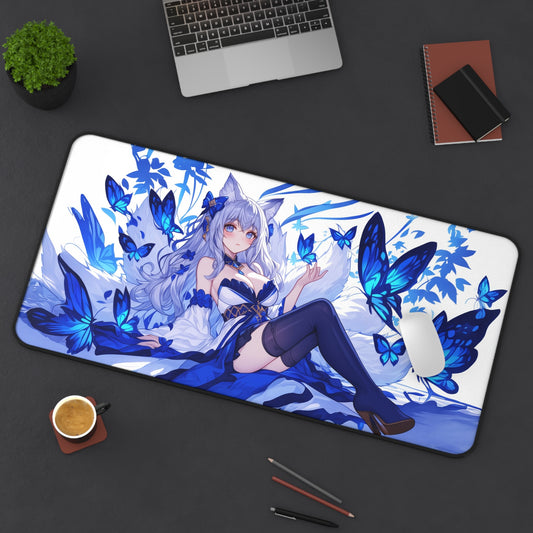Anime Kitsune Fox Girl Mousepad, Blue Butterflies Anime Desk Mat, Extra Large Mousepad, Gaming Desk Mat, Desktop Accessory